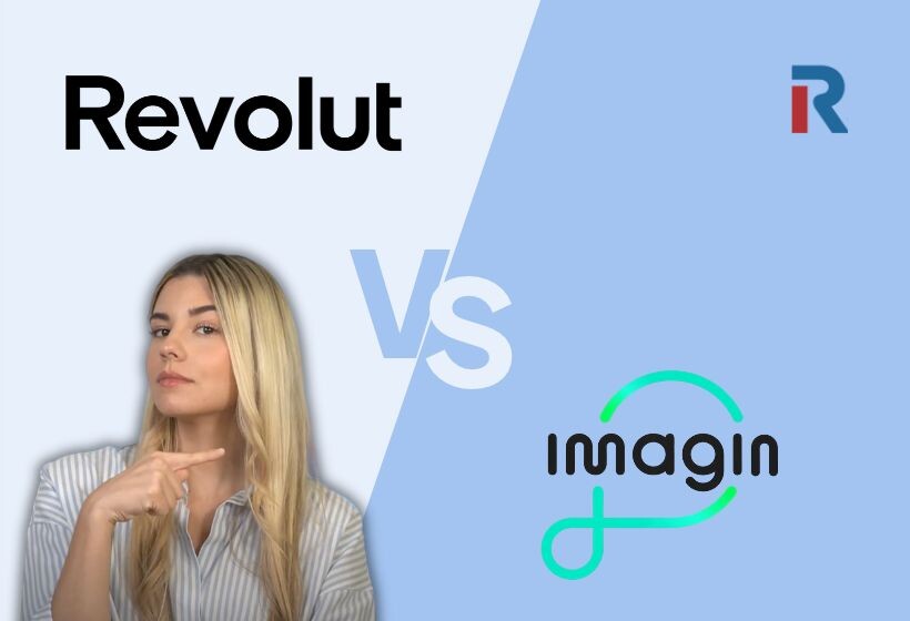 Logos de Revolut e imagin enfrentados con un “VS” sobre fondo azul en diagonal, y una mujer rubia con camisa de rayas que señala el de imagin con gesto pensativo.
