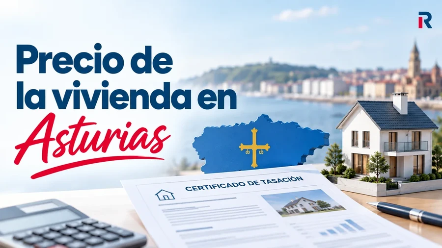 Precio de la vivienda en Asturias, con una panorámica de la costa asturiana, una vivienda moderna, mapa del Principado y documentación de tasación inmobiliaria.