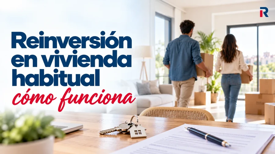 Reinversión en vivienda habitual, con una pareja entrando en su nueva casa con cajas de mudanza, llaves y documentación inmobiliaria.
