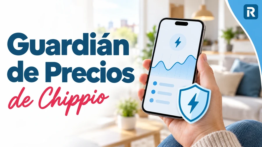 Móvil con gráfico del precio de la luz y escudo protector junto al titular «Guardián de Precios de Chippio».