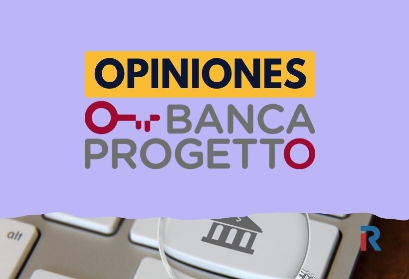 Portada con fondo lila, la palabra “Opiniones” sobre un recuadro amarillo y el logo de Banca Progetto debajo. En la parte inferior se ve un teclado con una lupa que enfoca el icono de un banco, y en la esquina el logo de Rankia.