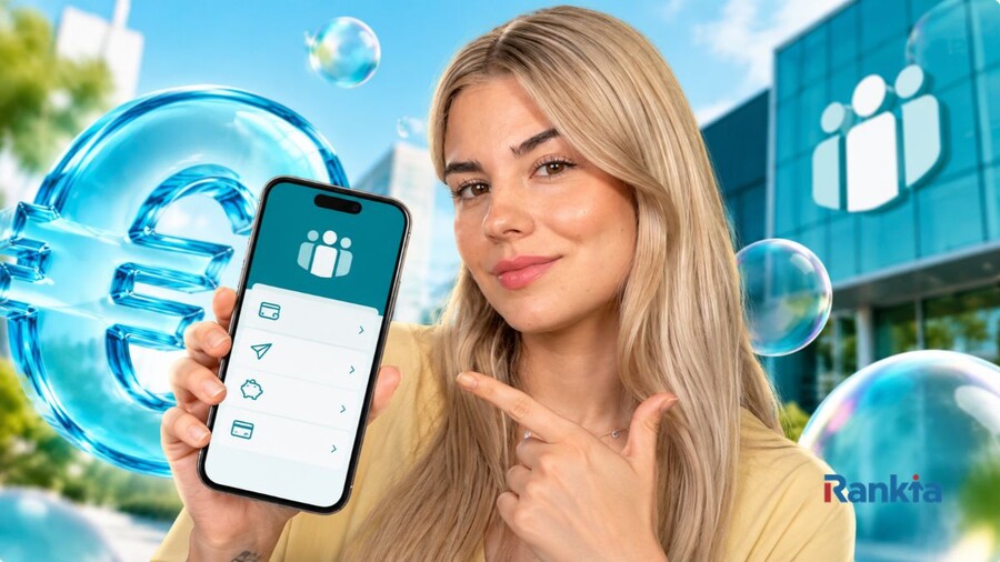 Una mujer sonriente señala un móvil con la app de Cajamar abierta. Detrás se ven el edificio de Cajamar con su logo en la fachada y un gran símbolo del euro transparente rodeado de burbujas. El logo de Rankia aparece en la esquina inferior derecha.