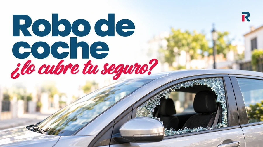 Coche con la ventanilla rota junto al titular «Robo de coche: ¿lo cubre tu seguro?».