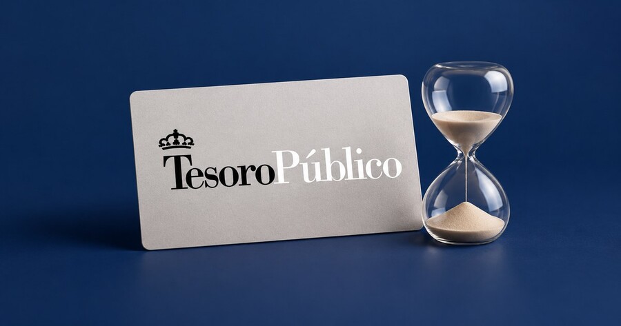 Logo oficial del Tesoro Público junto a un reloj de arena sobre fondo azul