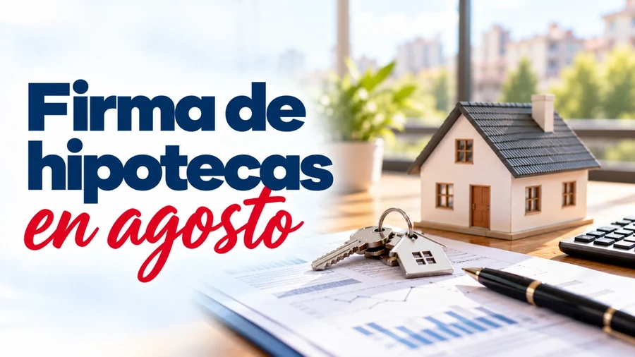 Firma de hipotecas en agosto, con una vivienda en miniatura, llaves y documentos hipotecarios sobre una mesa.
