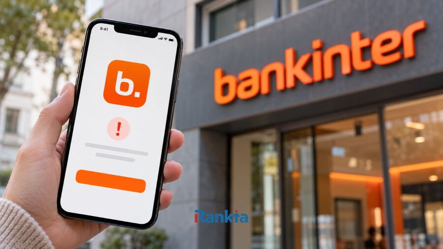 Una mano sostiene un móvil con la app de Bankinter abierta, que muestra un aviso de incidencia, frente a la fachada de una oficina de Bankinter con el logotipo naranja del banco