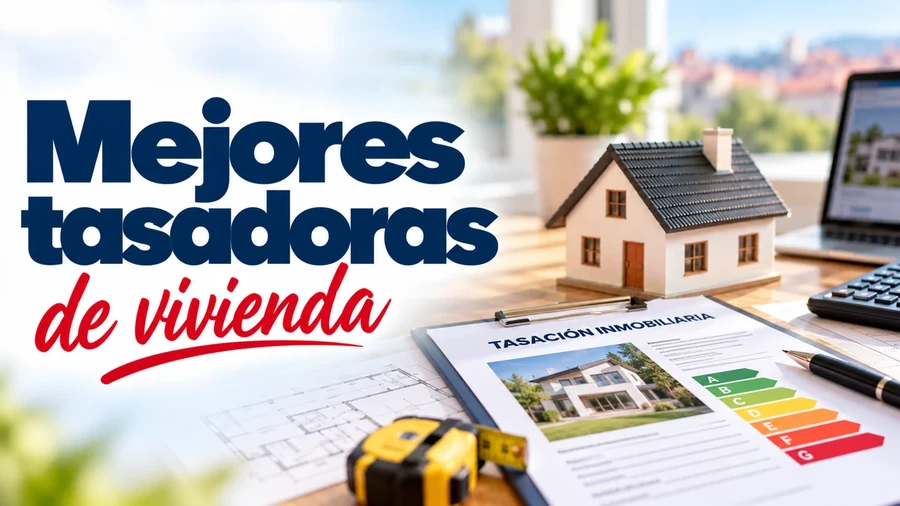 Mejores tasadoras de vivienda en España, con una casa en miniatura, un informe de tasación inmobiliaria y herramientas de valoración.