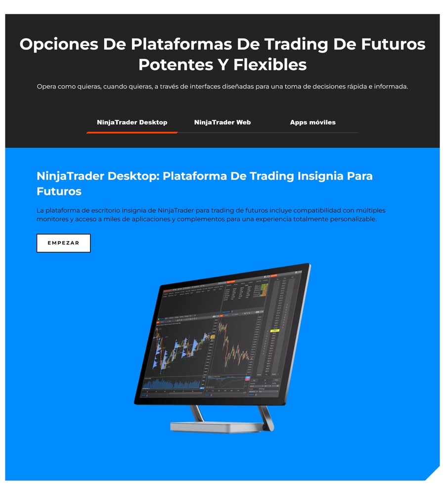 Plataforma NinjaTrader Desktop para operar futuros, con gráficos y SuperDOM