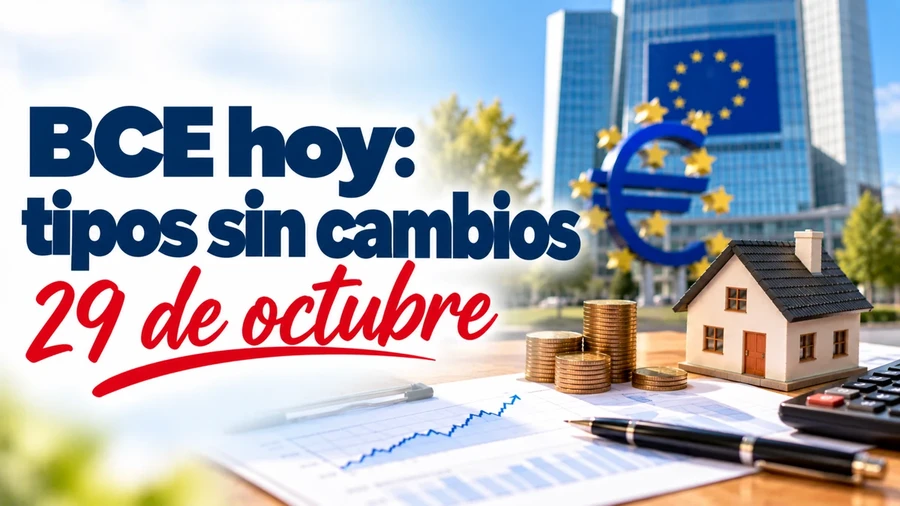 BCE mantiene los tipos de interés sin cambios el 29 de octubre de 2026, con el símbolo del euro, una vivienda y monedas que representan el impacto en las hipotecas.