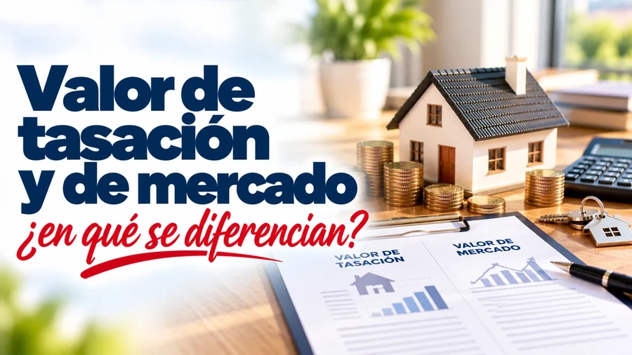 Diferencias entre valor de tasación y valor de mercado de una vivienda, representadas con una casa, monedas y documentos de valoración inmobiliaria.