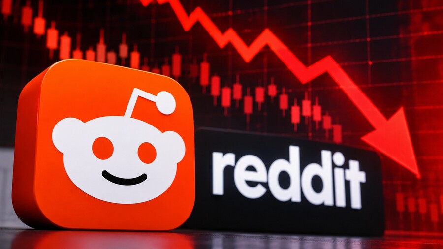 Logotipo de Reddit junto a una flecha roja descendente sobre un gráfico de velas en caída que representa el desplome de la acción tras sus resultados